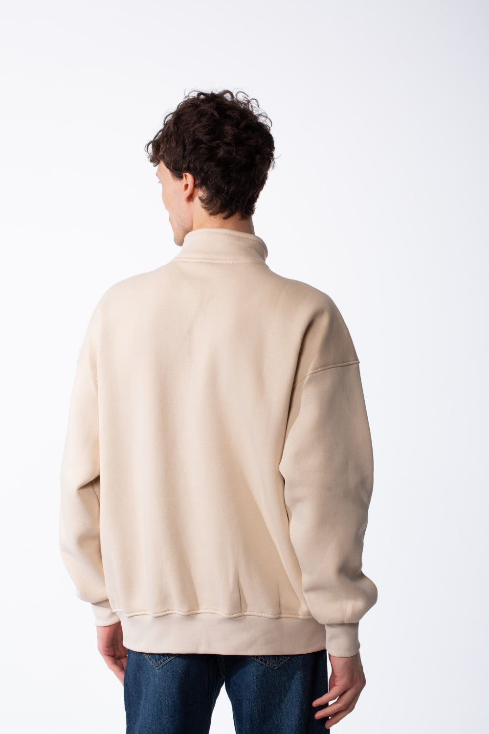 Men's Quarter-Zip Mock Neck Chest Tonal Embroidery Script Graphic Details Oversized Melton Sweatshirt
