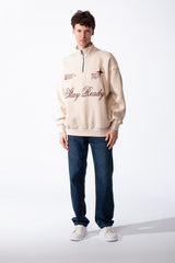 Men's Quarter-Zip Mock Neck Chest Tonal Embroidery Script Graphic Details Oversized Melton Sweatshirt