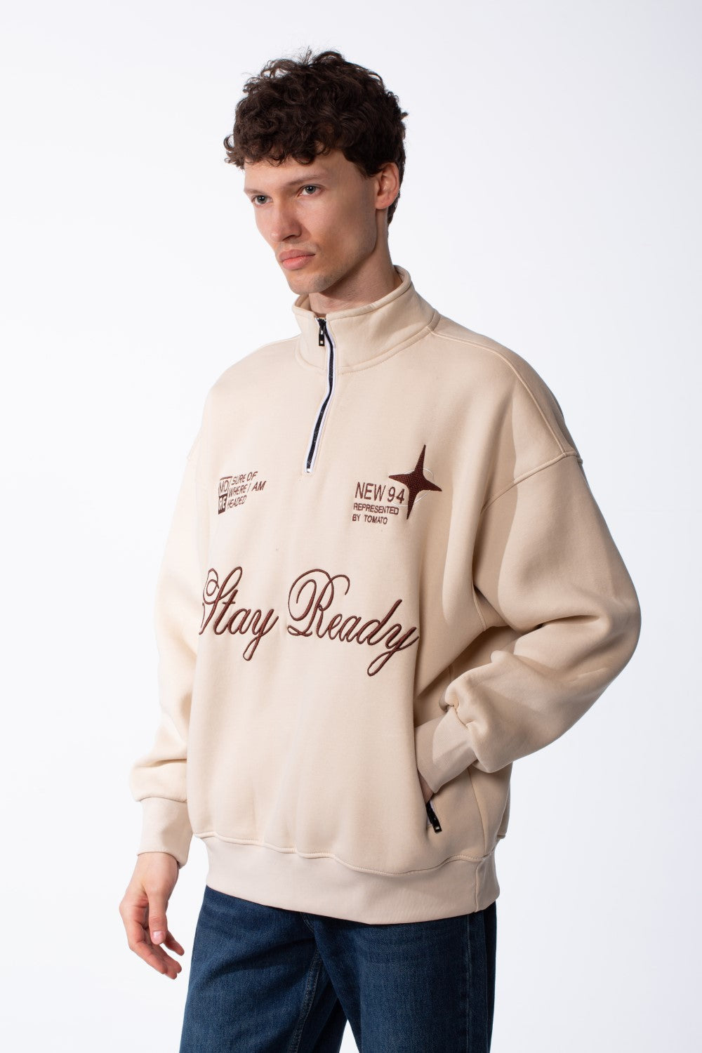 Men's Quarter-Zip Mock Neck Chest Tonal Embroidery Script Graphic Details Oversized Melton Sweatshirt