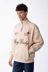 Men's Quarter-Zip Mock Neck Chest Tonal Embroidery Script Graphic Details Oversized Melton Sweatshirt