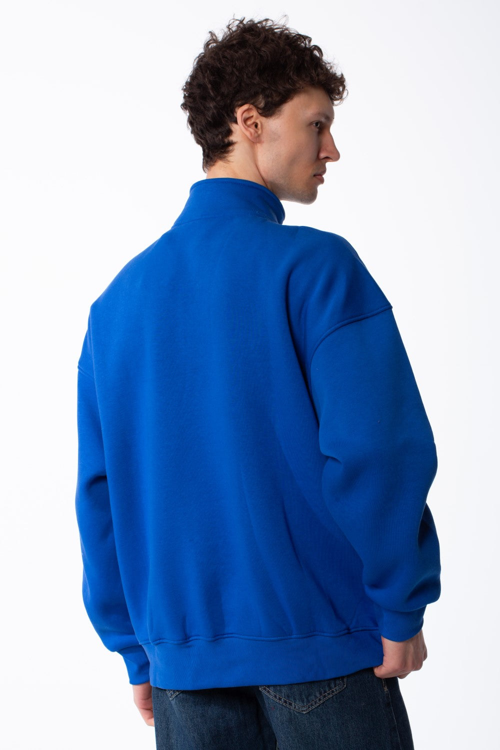 Men's Quarter-Zip Mock Neck Chest Tonal Embroidery Script Graphic Details Oversized Melton Sweatshirt