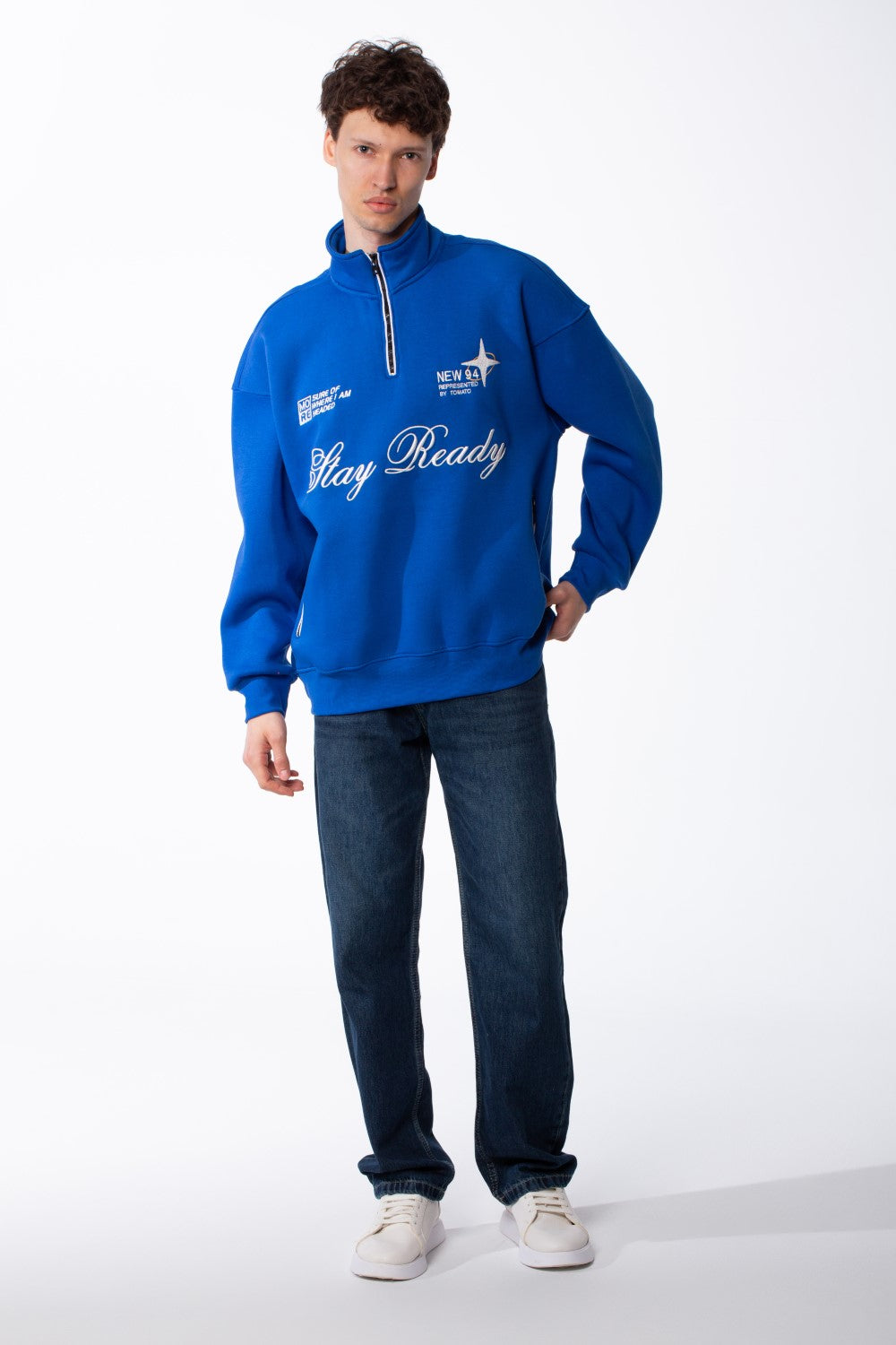 Men's Quarter-Zip Mock Neck Chest Tonal Embroidery Script Graphic Details Oversized Melton Sweatshirt
