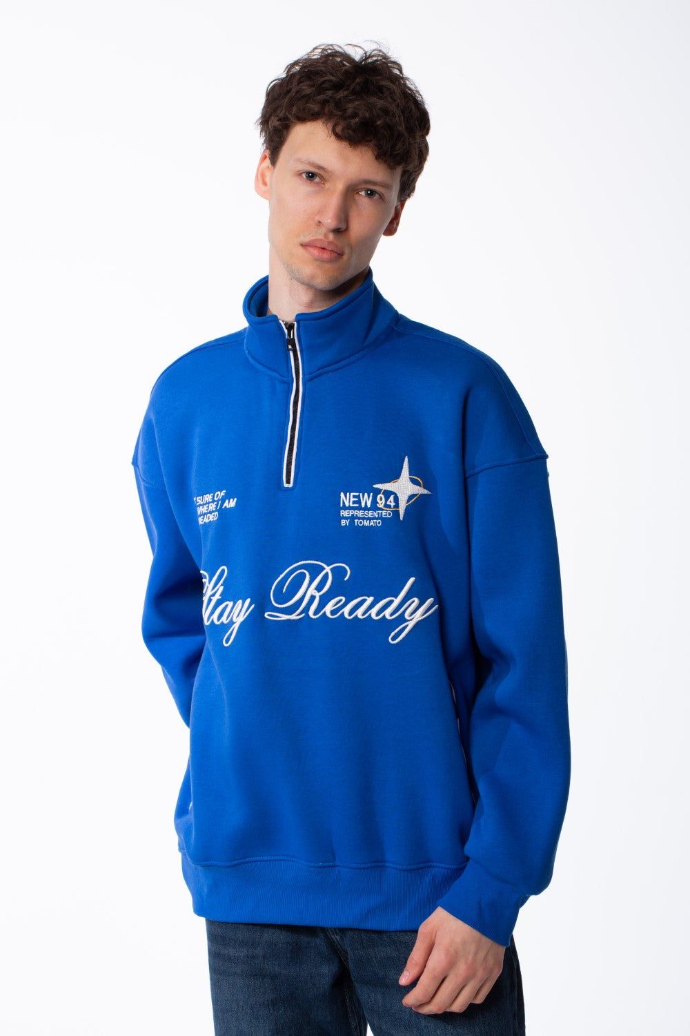 Men's Quarter-Zip Mock Neck Chest Tonal Embroidery Script Graphic Details Oversized Melton Sweatshirt