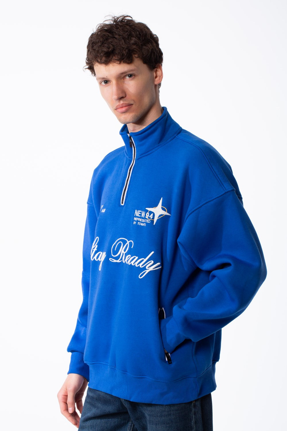 Men's Quarter-Zip Mock Neck Chest Tonal Embroidery Script Graphic Details Oversized Melton Sweatshirt