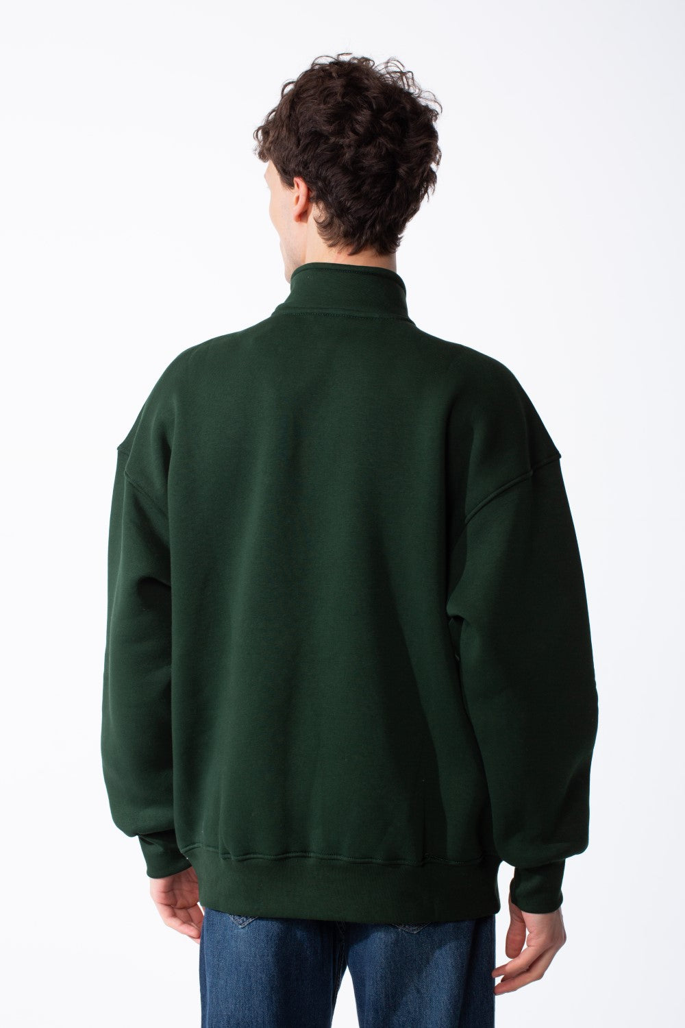 Men's Quarter-Zip Mock Neck Chest Tonal Embroidery Script Graphic Details Oversized Melton Sweatshirt