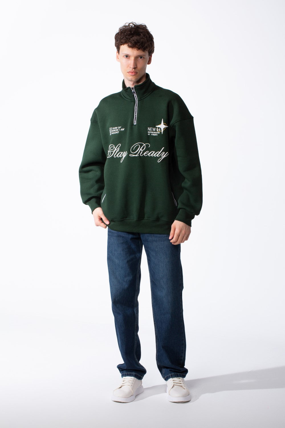 Men's Quarter-Zip Mock Neck Chest Tonal Embroidery Script Graphic Details Oversized Melton Sweatshirt