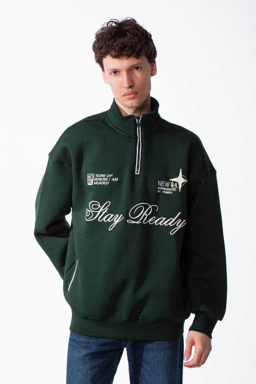 Men's Quarter-Zip Mock Neck Chest Tonal Embroidery Script Graphic Details Oversized Melton Sweatshirt
