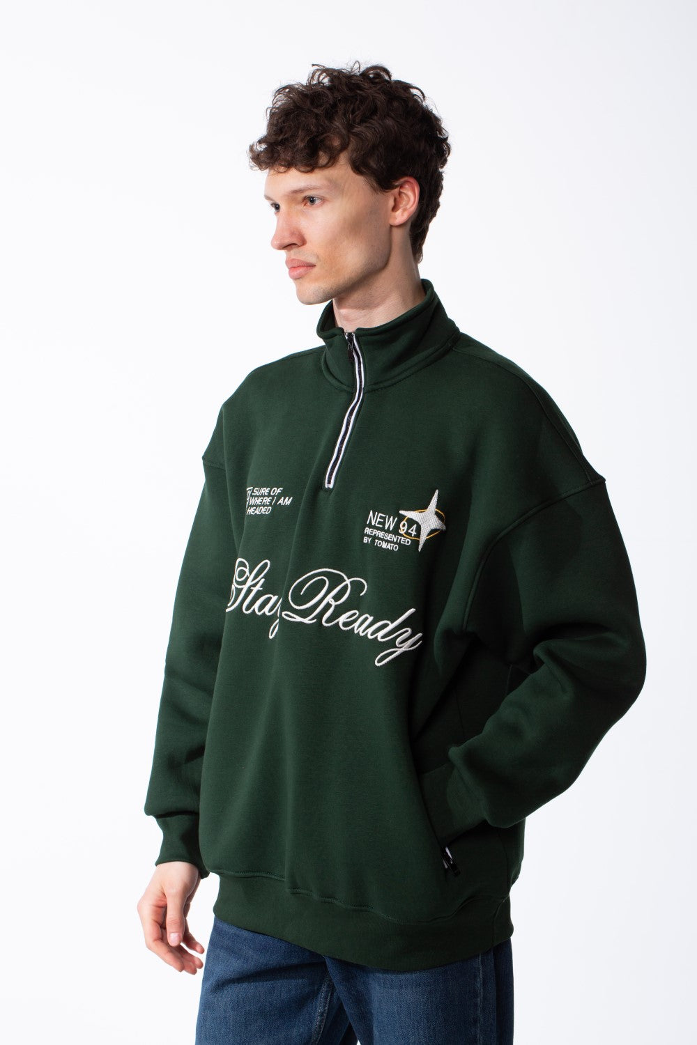 Men's Quarter-Zip Mock Neck Chest Tonal Embroidery Script Graphic Details Oversized Melton Sweatshirt