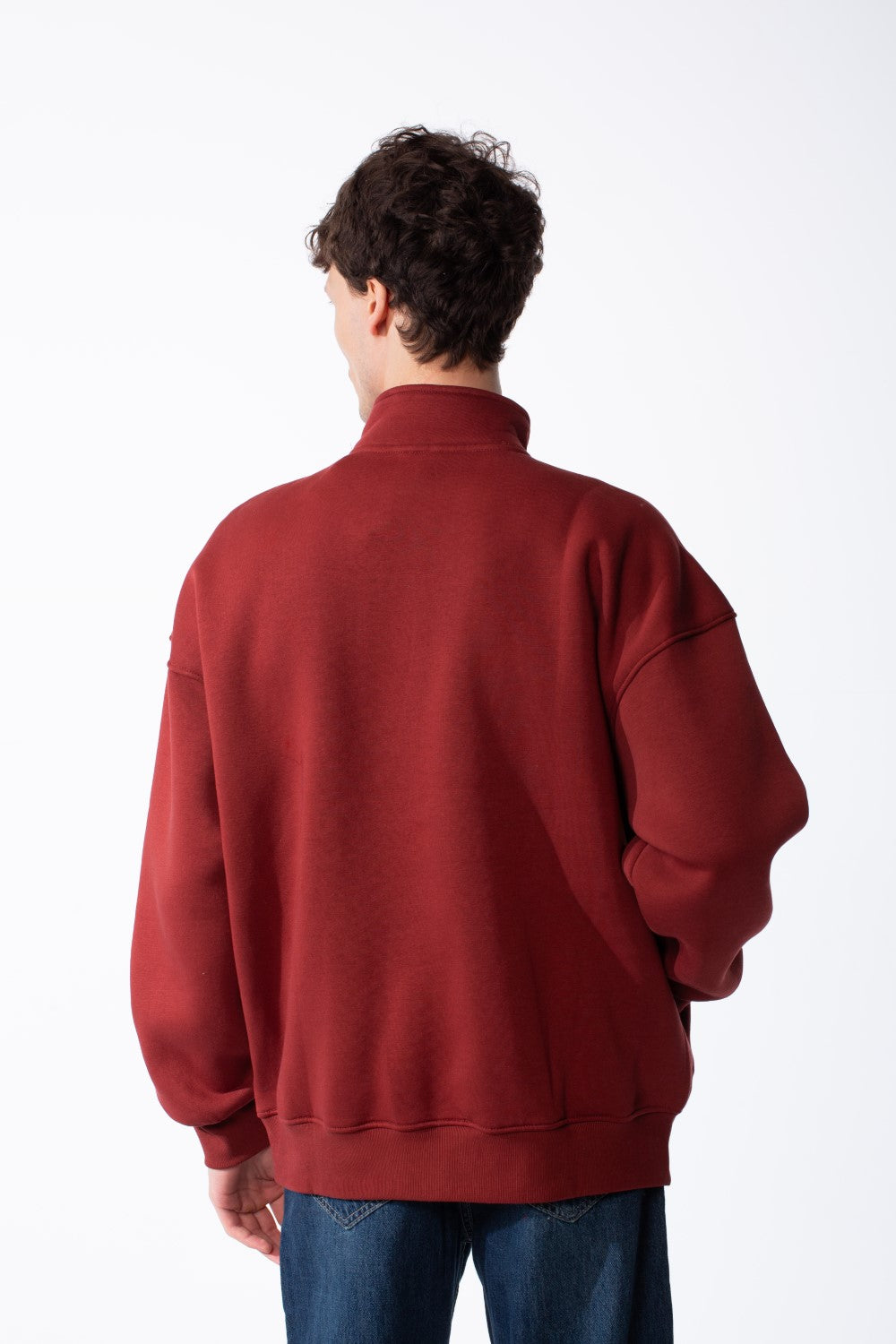 Men's Quarter-Zip Mock Neck Chest Tonal Embroidery Script Graphic Details Oversized Melton Sweatshirt