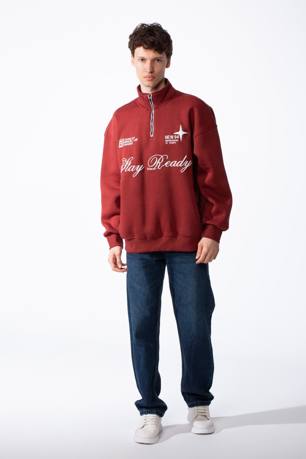 Men's Quarter-Zip Mock Neck Chest Tonal Embroidery Script Graphic Details Oversized Melton Sweatshirt