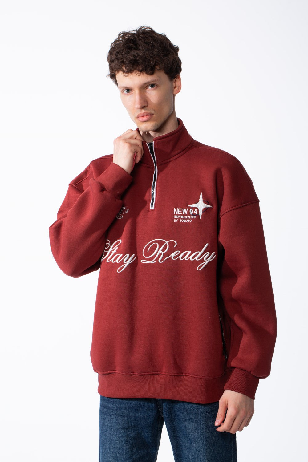 Men's Quarter-Zip Mock Neck Chest Tonal Embroidery Script Graphic Details Oversized Melton Sweatshirt