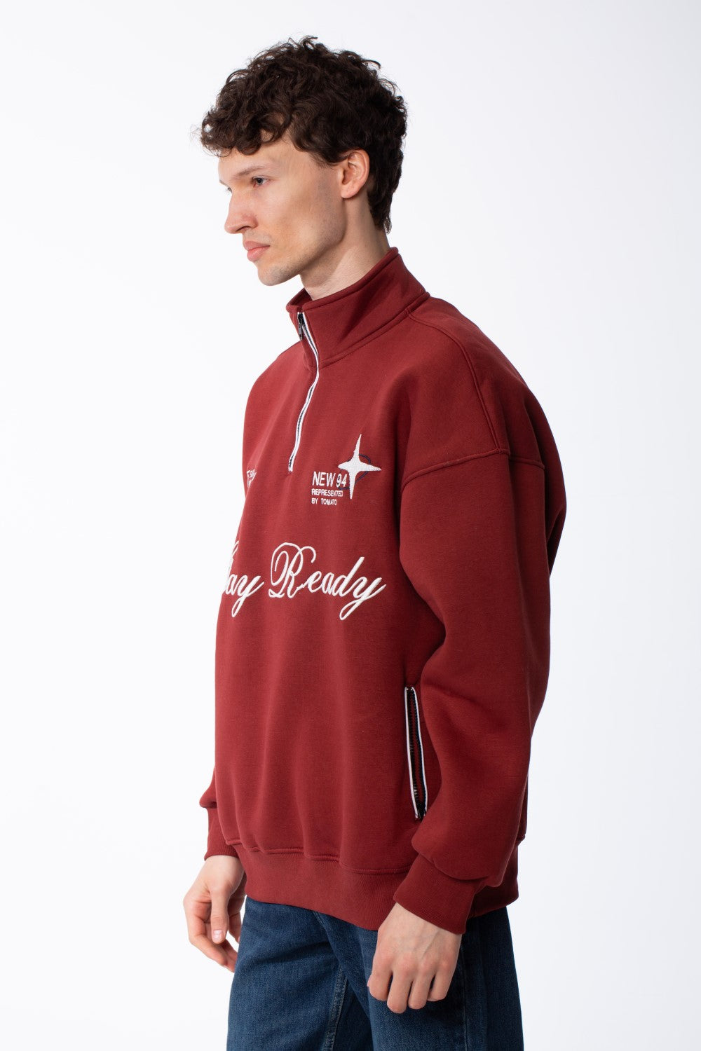 Men's Quarter-Zip Mock Neck Chest Tonal Embroidery Script Graphic Details Oversized Melton Sweatshirt