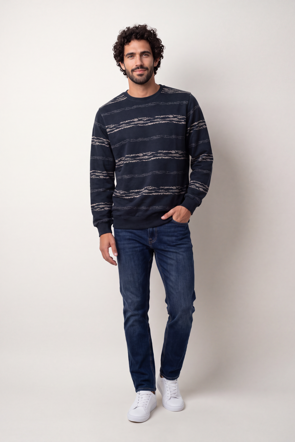 Men's Tomato Store Winter Printed Fleece Pullover Round Neck Long Sleeve Abstract Horizontal Brush Pattern Regular fit