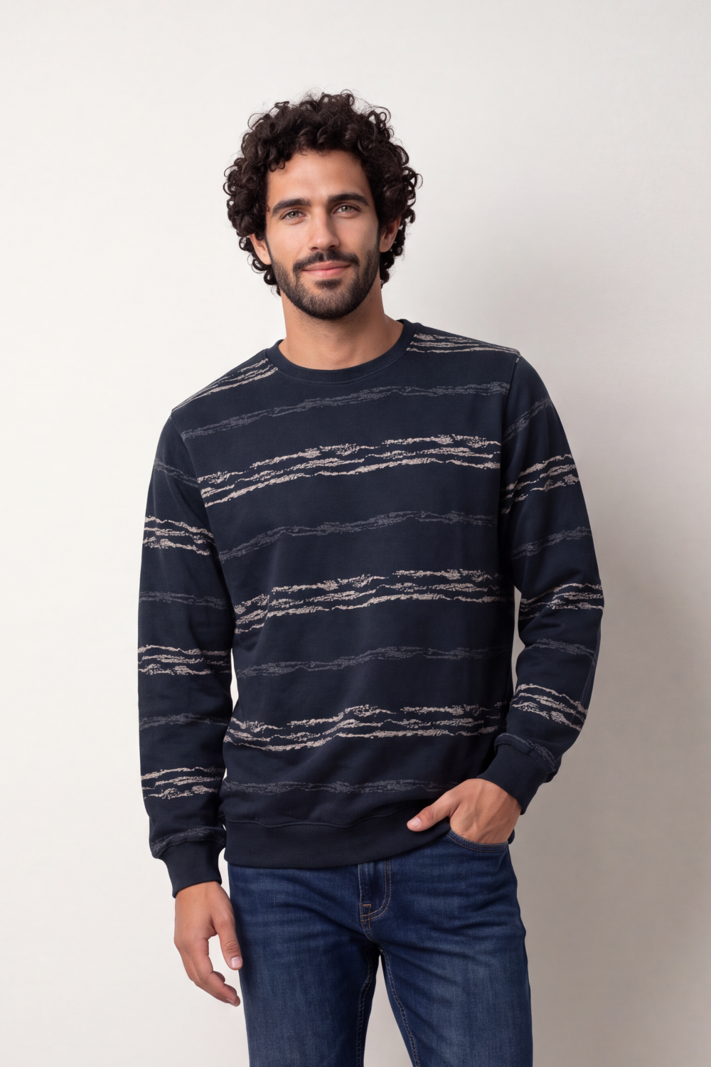 Men's Tomato Store Winter Printed Fleece Pullover Round Neck Long Sleeve Abstract Horizontal Brush Pattern Regular fit