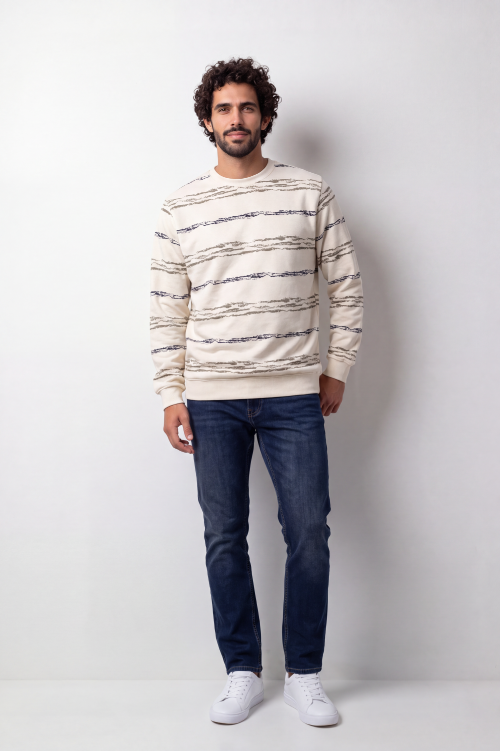 Men's Tomato Store Winter Printed Fleece Pullover Round Neck Long Sleeve Abstract Horizontal Brush Pattern Regular fit