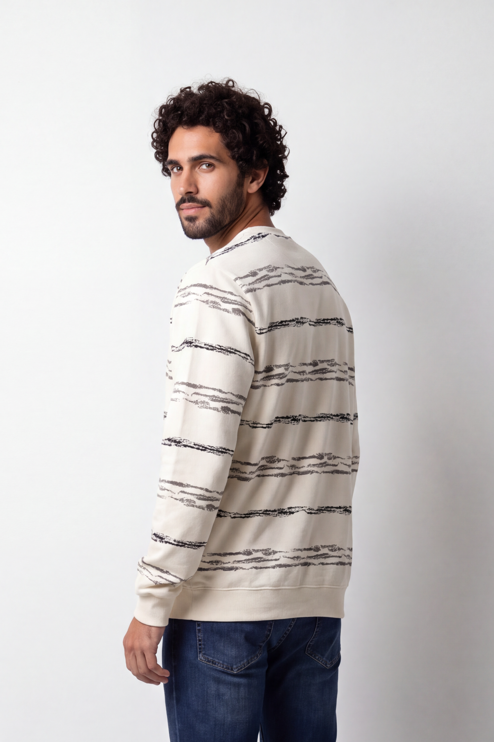 Men's Tomato Store Winter Printed Fleece Pullover Round Neck Long Sleeve Abstract Horizontal Brush Pattern Regular fit