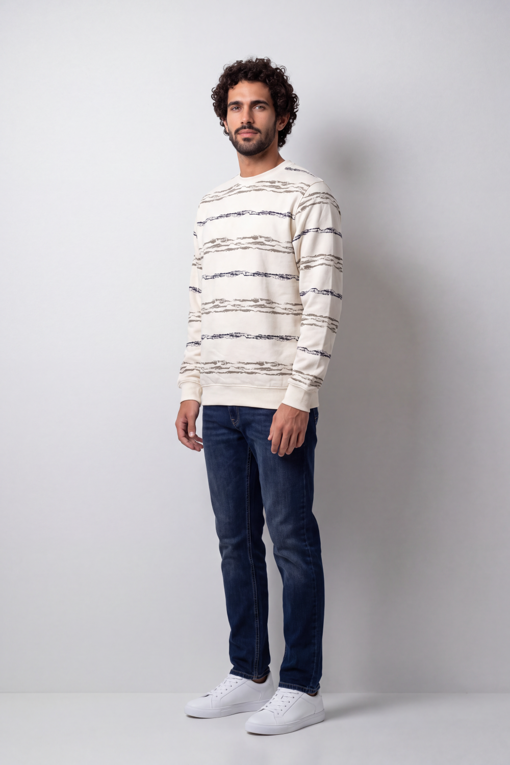 Men's Tomato Store Winter Printed Fleece Pullover Round Neck Long Sleeve Abstract Horizontal Brush Pattern Regular fit
