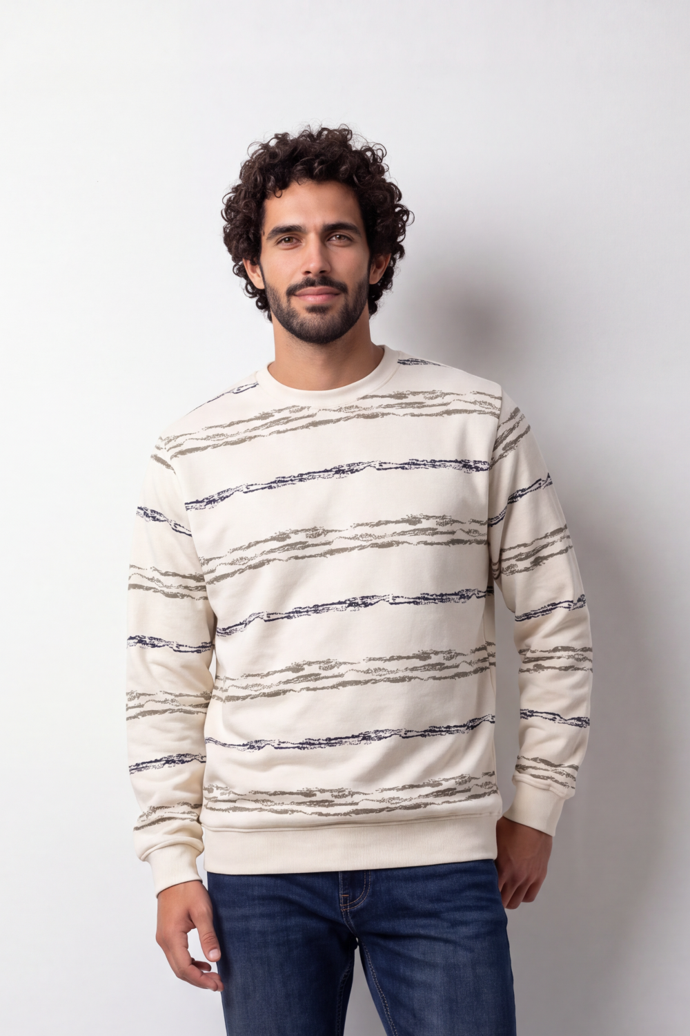 Men's Tomato Store Winter Printed Fleece Pullover Round Neck Long Sleeve Abstract Horizontal Brush Pattern Regular fit