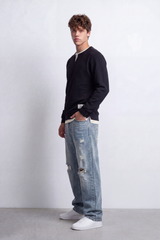 Men's Tomato Store Textured Sweatshirt V-Neck Long Sleeve Contrast Layered Neck Detail