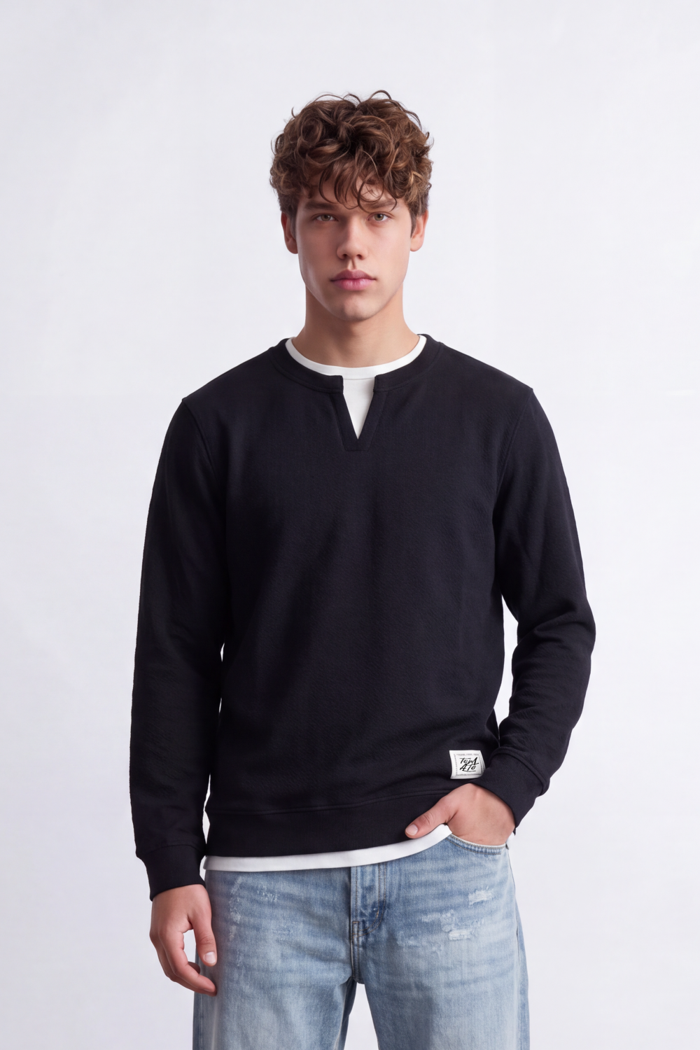 Men's Tomato Store Textured Sweatshirt V-Neck Long Sleeve Contrast Layered Neck Detail