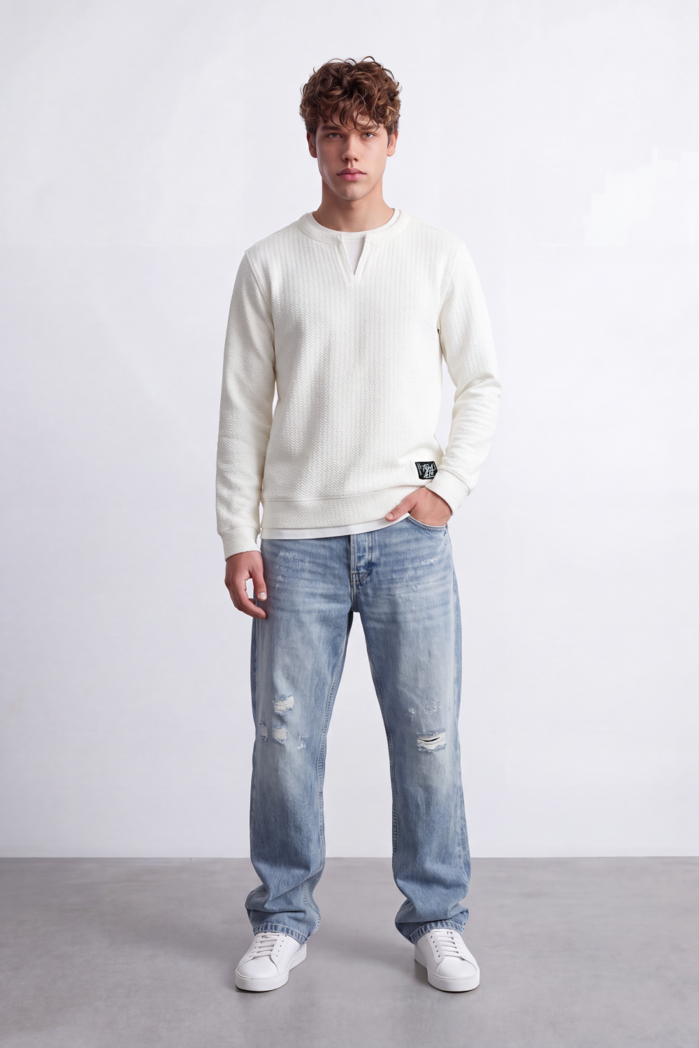 Men's Tomato Store Textured Sweatshirt V-Neck Long Sleeve Contrast Layered Neck Detail