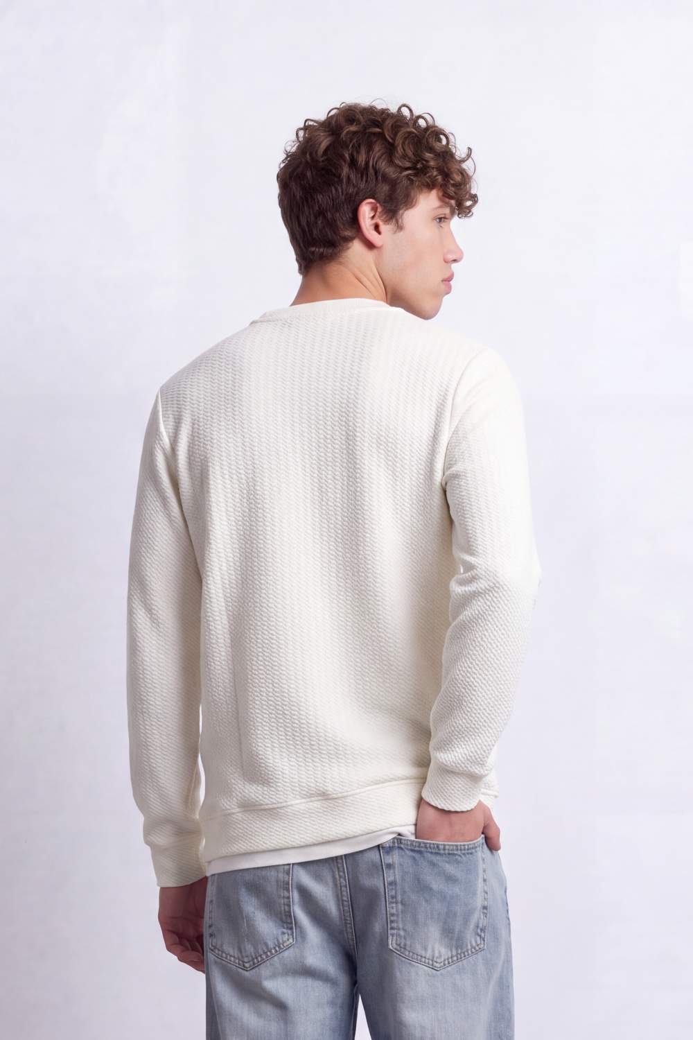 Men's Tomato Store Textured Sweatshirt V-Neck Long Sleeve Contrast Layered Neck Detail