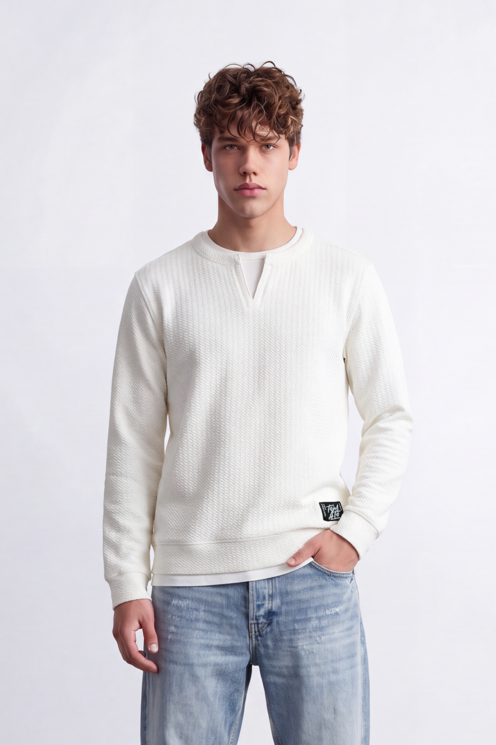 Men's Tomato Store Textured Sweatshirt V-Neck Long Sleeve Contrast Layered Neck Detail