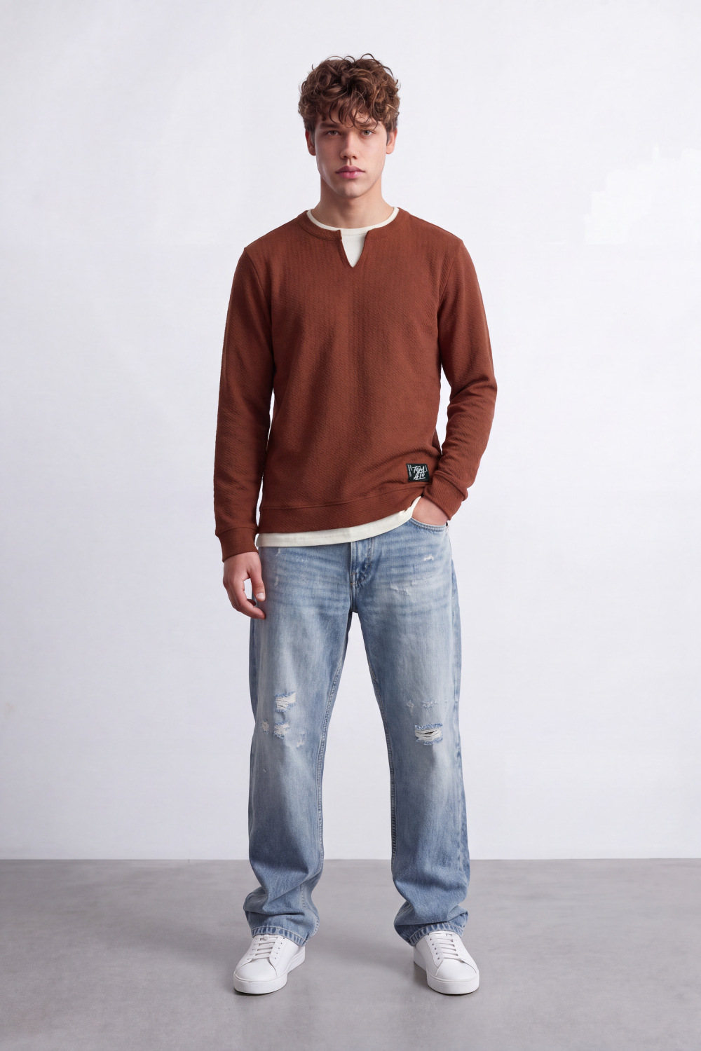 Men's Tomato Store Textured Sweatshirt V-Neck Long Sleeve Contrast Layered Neck Detail