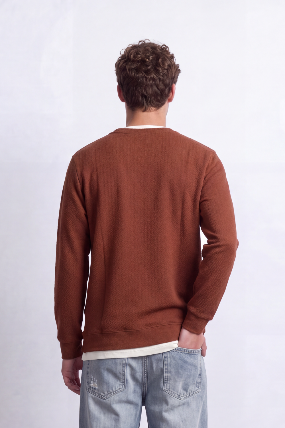 Men's Tomato Store Textured Sweatshirt V-Neck Long Sleeve Contrast Layered Neck Detail