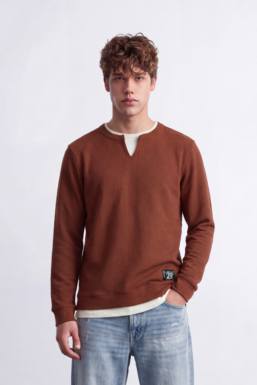 Men's Tomato Store Textured Sweatshirt V-Neck Long Sleeve Contrast Layered Neck Detail