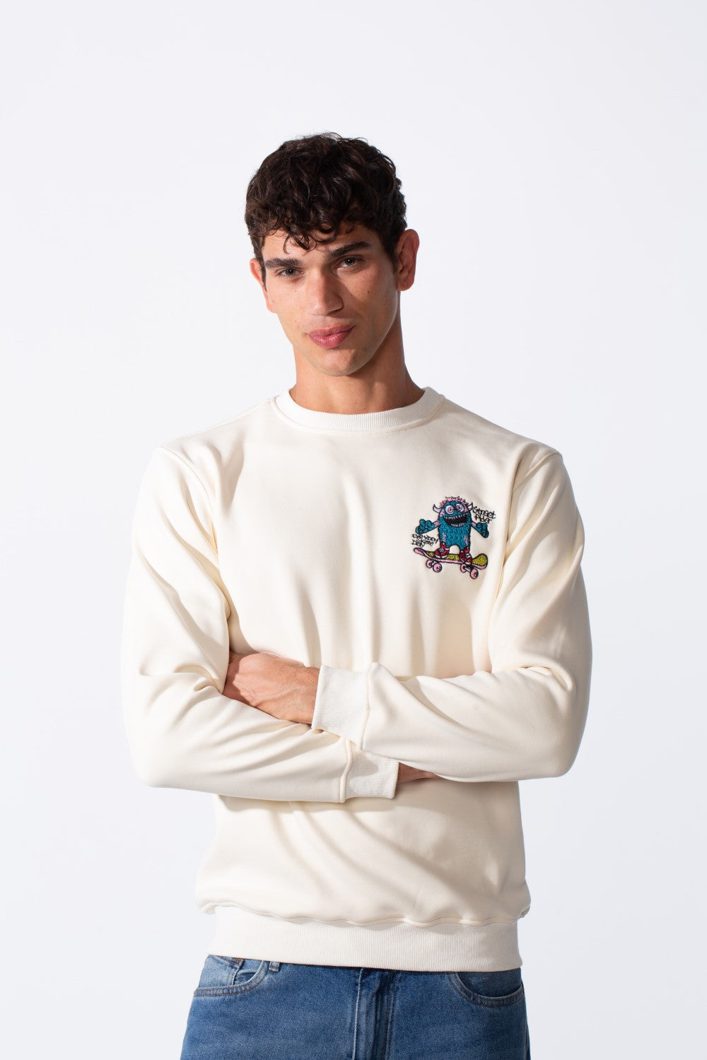 Men's Cartoon Graffiti Print Slim Fit Round Neck Sweatshirt