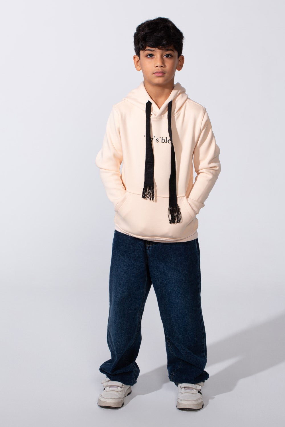 Boy's Front Text Print Slim Fit Hood Sweatshirt With Kangaroo Pocket