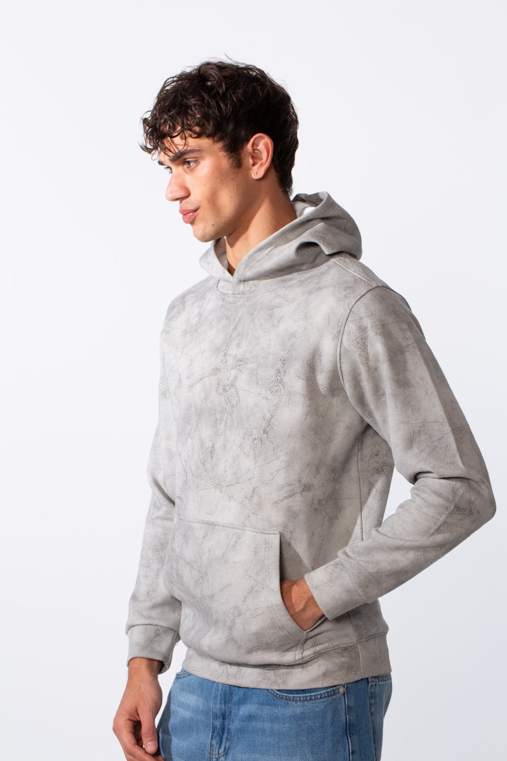 Men's slim fit long sleeve hoodie in a grey tie-dye pattern with a front kangaroo pocket.