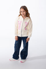 Girl's Zip-Up Ribbed Cuffs Spacious Double-Layer Hood Slim Fit Sweatshirt