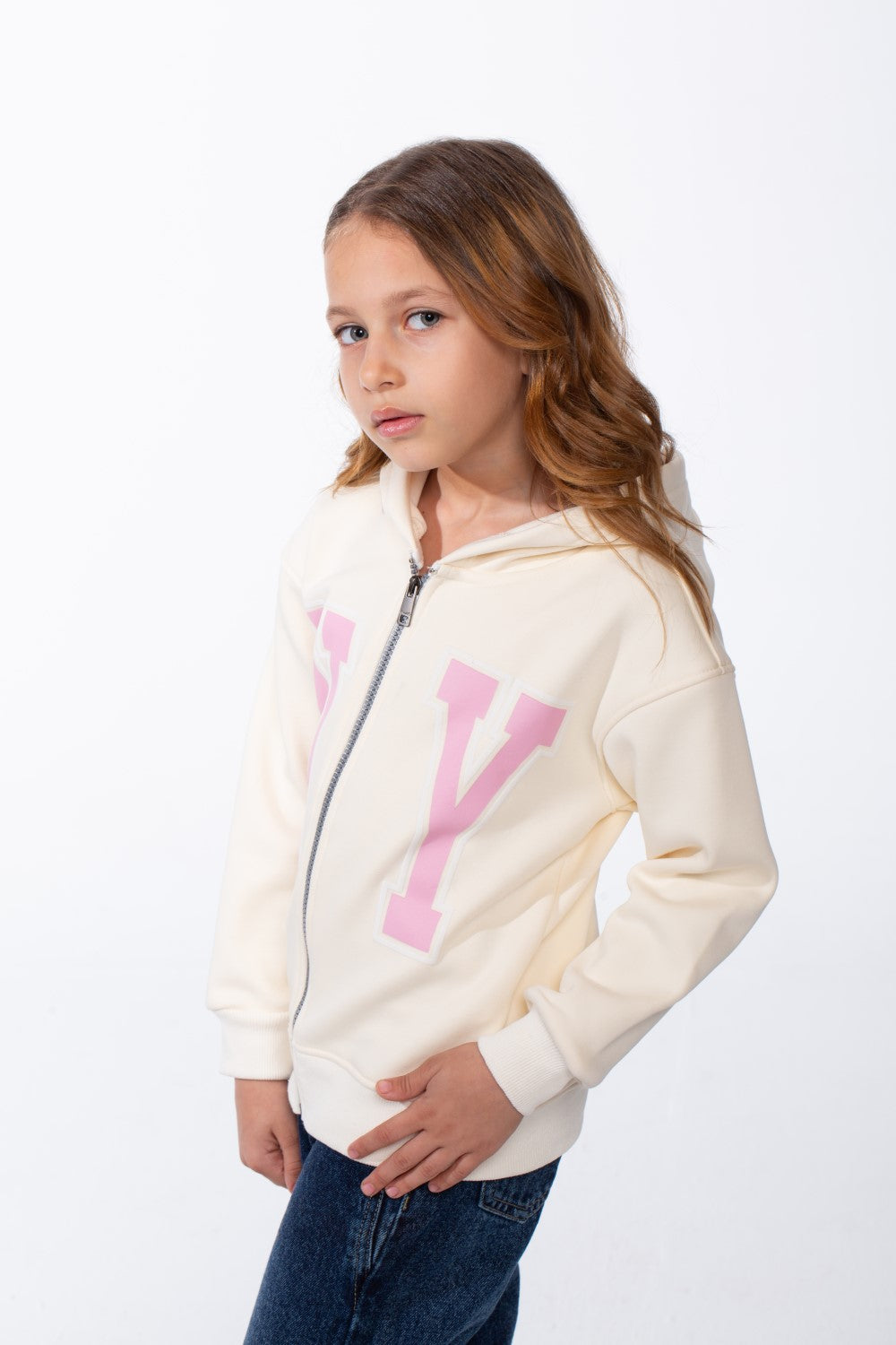 Girl's Zip-Up Ribbed Cuffs Spacious Double-Layer Hood Slim Fit Sweatshirt