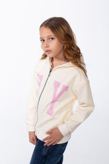 Girl's Zip-Up Ribbed Cuffs Spacious Double-Layer Hood Slim Fit Sweatshirt