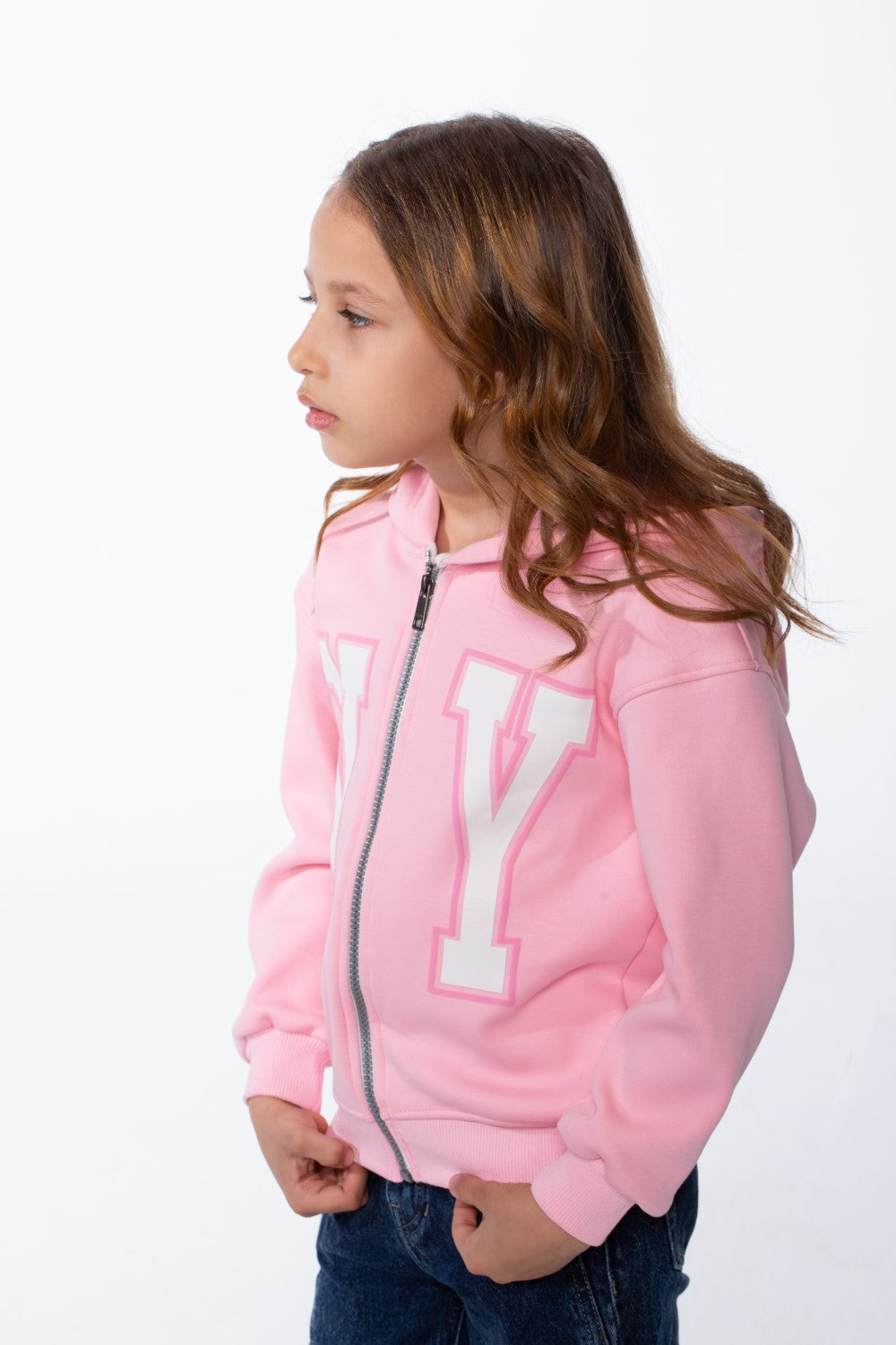Girl's Zip-Up Ribbed Cuffs Spacious Double-Layer Hood Slim Fit Sweatshirt