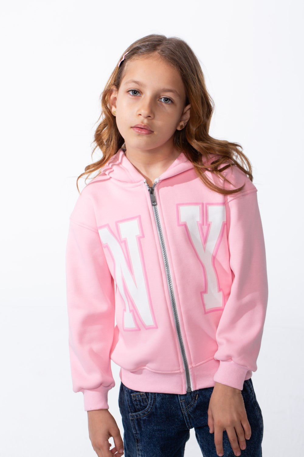 Girl's Zip-Up Ribbed Cuffs Spacious Double-Layer Hood Slim Fit Sweatshirt