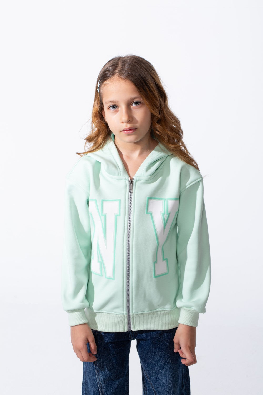 Girl's Zip-Up Ribbed Cuffs Spacious Double-Layer Hood Slim Fit Sweatshirt