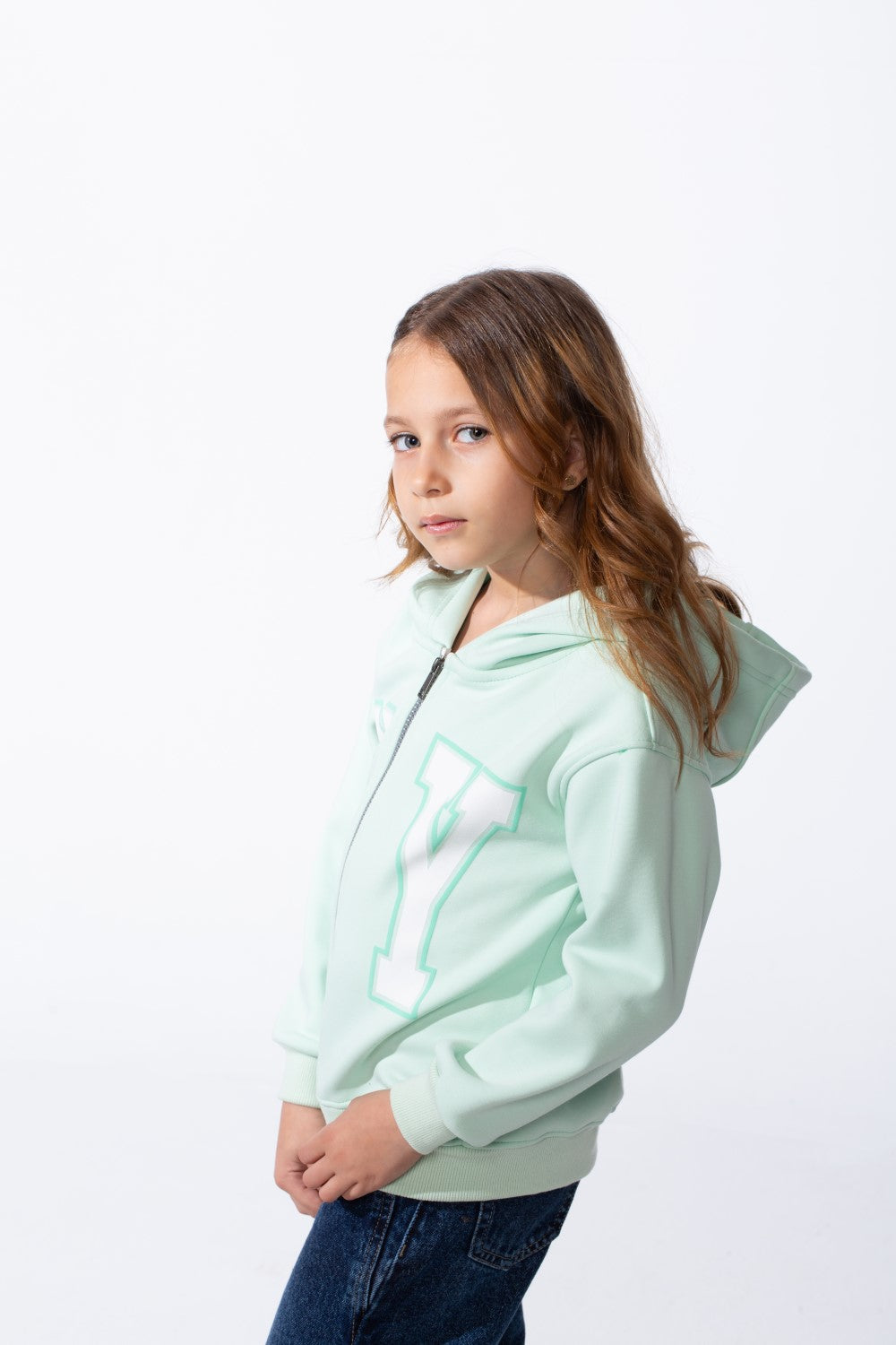 Girl's Zip-Up Ribbed Cuffs Spacious Double-Layer Hood Slim Fit Sweatshirt