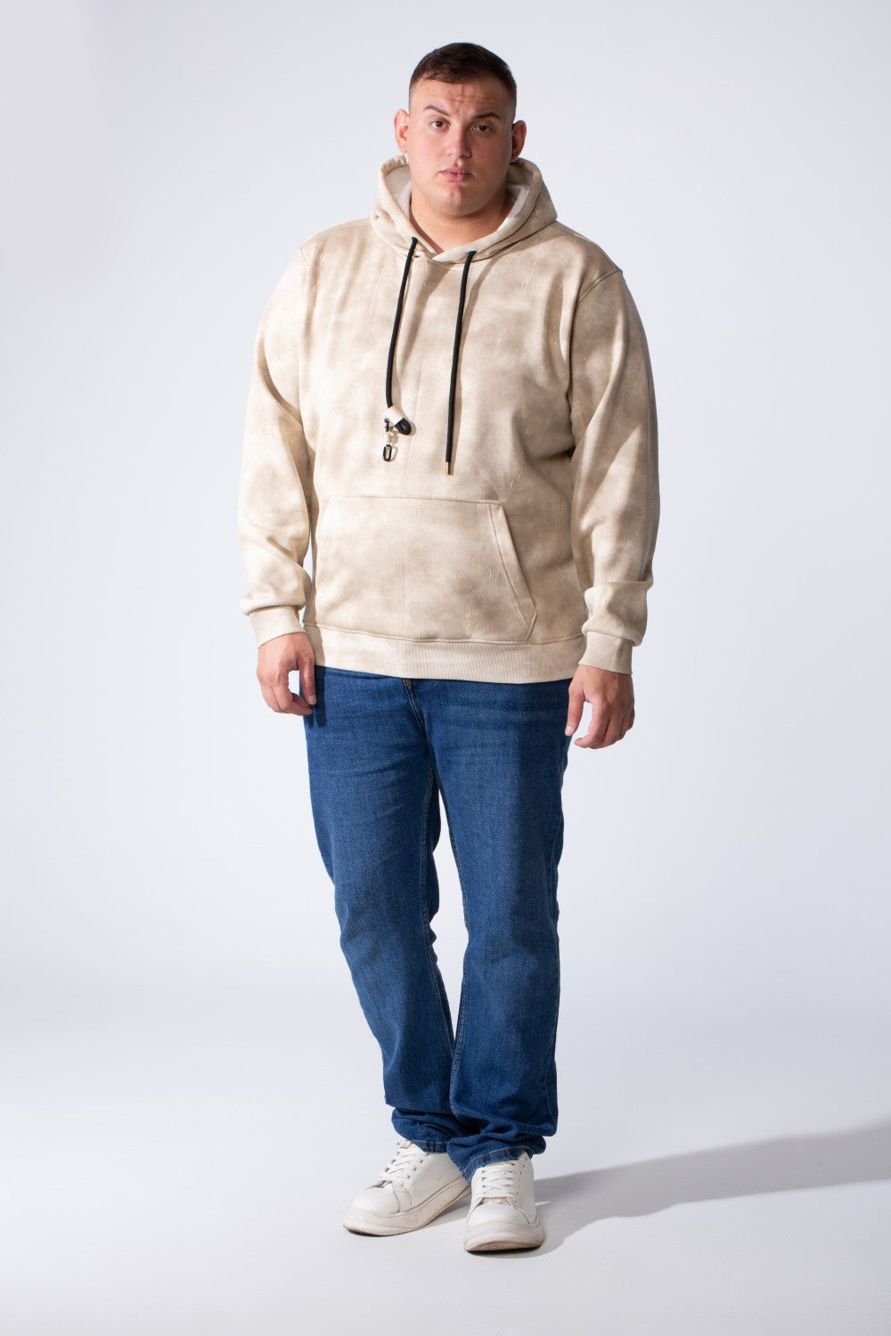 Men's Long Sleeve With Unique Washed Pattern Front Kangaroo Pocket Comfy Daily Wear Hooded Big Size Sweatshirt