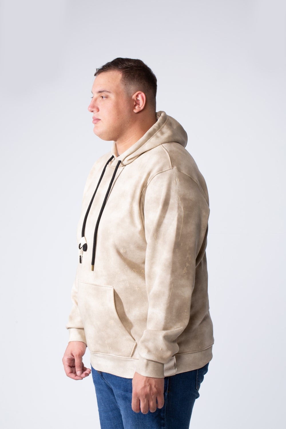 Men's Long Sleeve With Unique Washed Pattern Front Kangaroo Pocket Comfy Daily Wear Hooded Big Size Sweatshirt