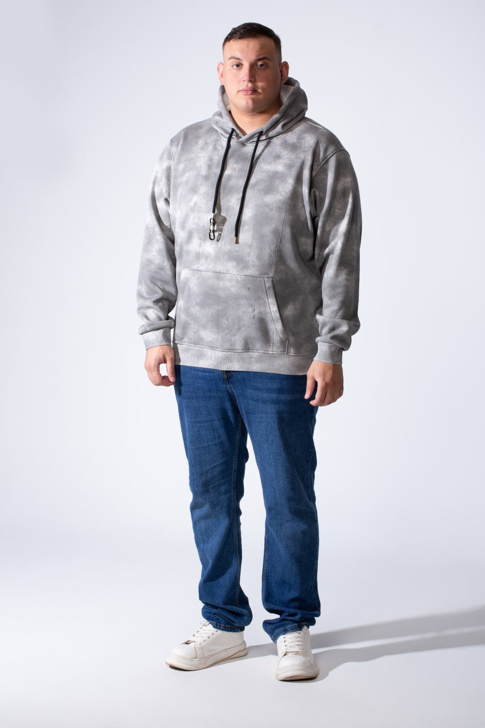 Men's Long Sleeve With Unique Washed Pattern Front Kangaroo Pocket Comfy Daily Wear Hooded Big Size Sweatshirt
