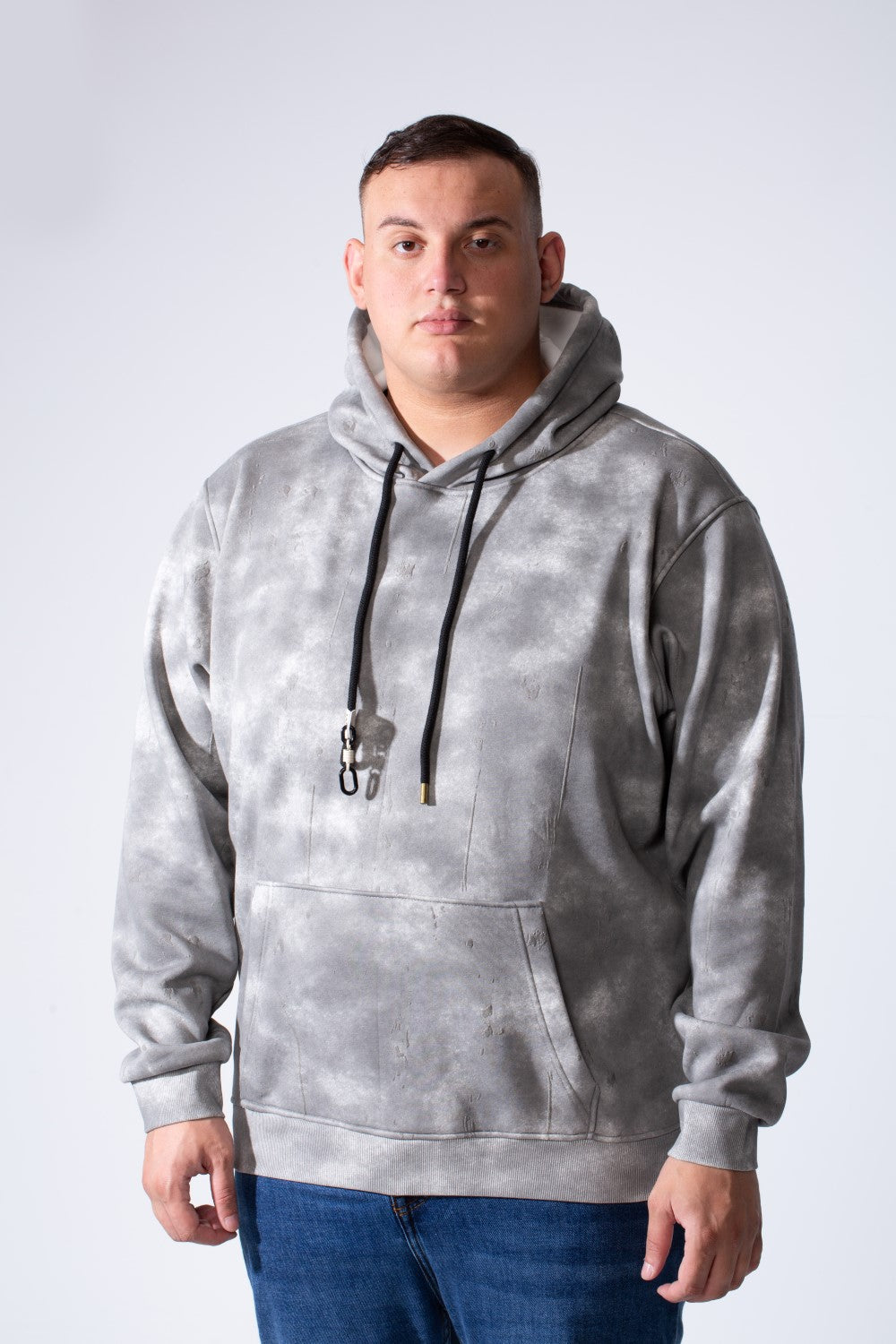 Men's Long Sleeve With Unique Washed Pattern Front Kangaroo Pocket Comfy Daily Wear Hooded Big Size Sweatshirt