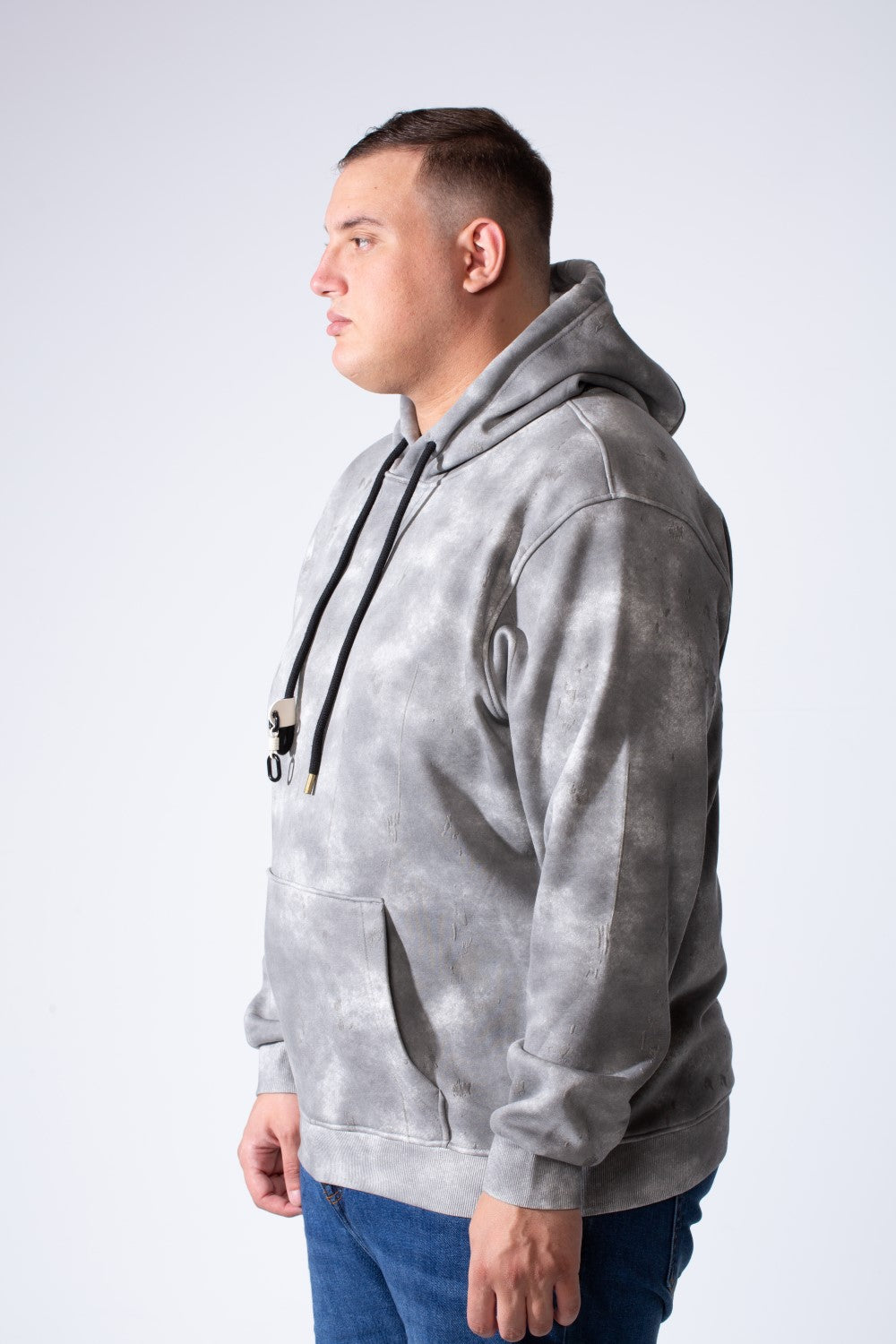 Men's Long Sleeve With Unique Washed Pattern Front Kangaroo Pocket Comfy Daily Wear Hooded Big Size Sweatshirt