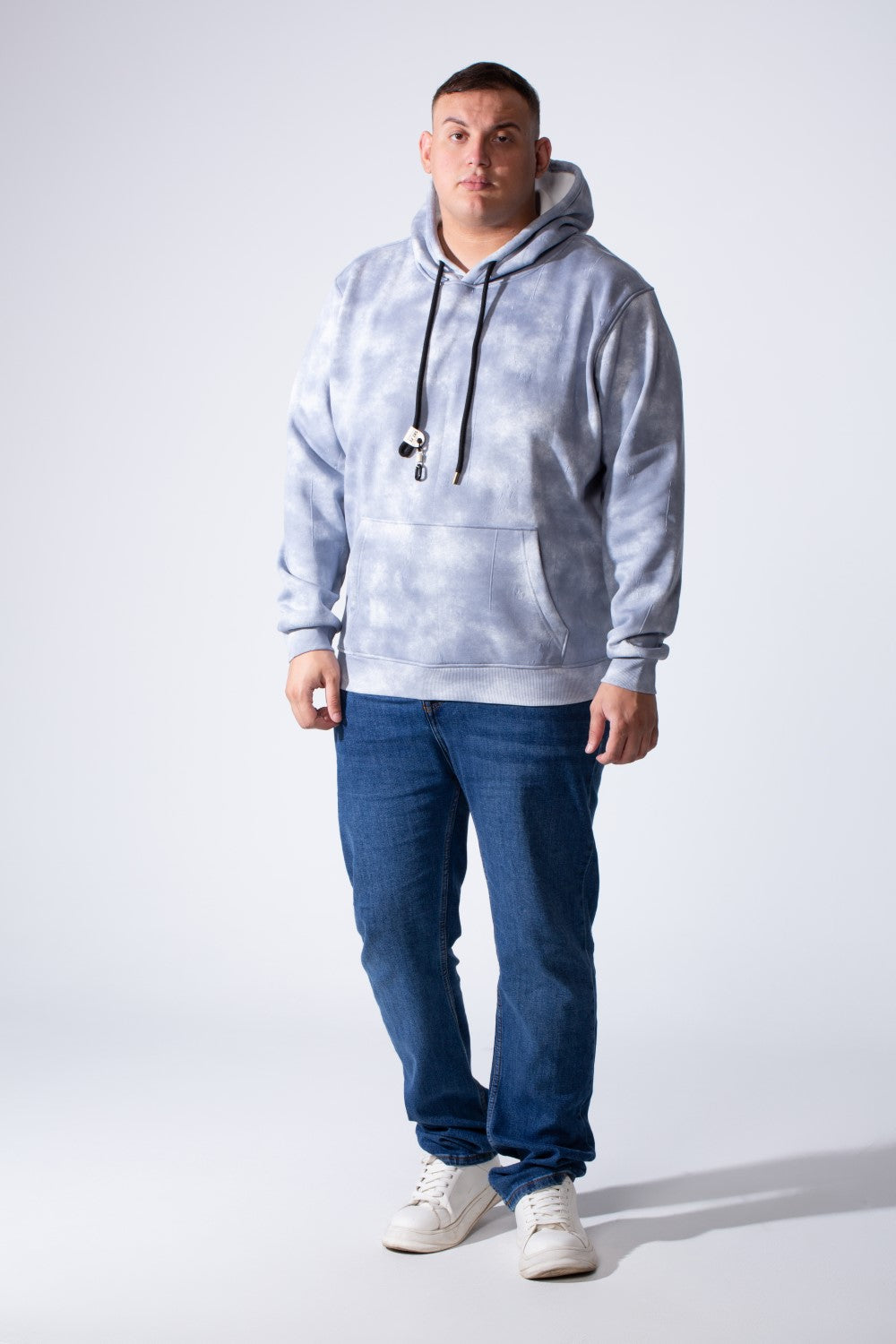Men's Long Sleeve With Unique Washed Pattern Front Kangaroo Pocket Comfy Daily Wear Hooded Big Size Sweatshirt