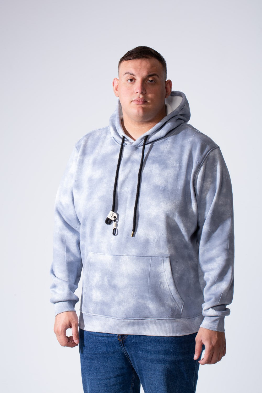 Men's Long Sleeve With Unique Washed Pattern Front Kangaroo Pocket Comfy Daily Wear Hooded Big Size Sweatshirt