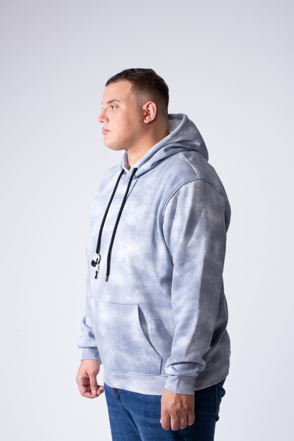 Men's Long Sleeve With Unique Washed Pattern Front Kangaroo Pocket Comfy Daily Wear Hooded Big Size Sweatshirt