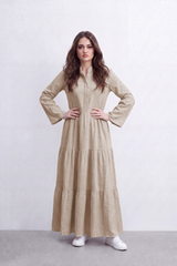 Women’s Tomato Store Crinkled Slub Dress Texture Across A Plain Surface Button Front Detail Gathered Waist Tiered Flowing