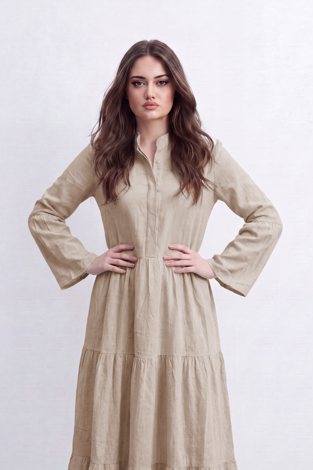 Women’s Tomato Store Crinkled Slub Dress Texture Across A Plain Surface Button Front Detail Gathered Waist Tiered Flowing